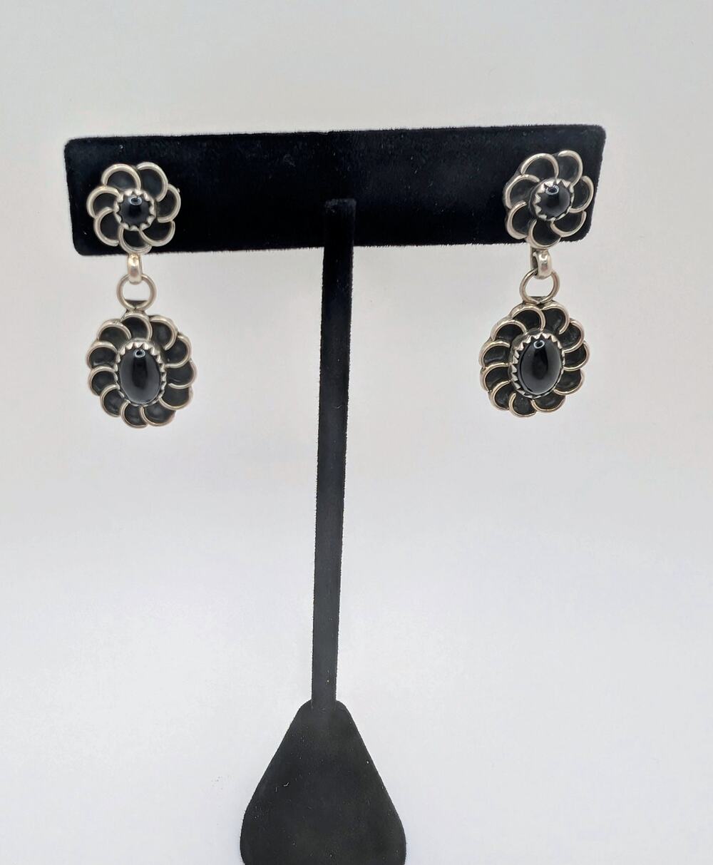 Southwest Harvey Style Bezel set Black Onyx Flower Drop Sterling Silver Earrings